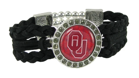 Oklahoma Sooners Multi Braided Black Leather Crystal Bracelet Jewelry OU Red Cover