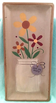 Love You More Floral Mason Jar Wood Tray Painted Tan Yellow Green Jute 11x5" - Image 1 of 2