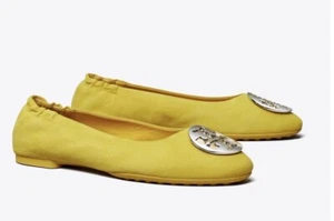 Tory Burch Claire Ballet Planos Cártamo Amarillo Plata Logotipo Talla 9 Nuevo en Caja - Imagen 1 de 12
