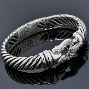David Yurman Diamond 10mm Cable Buckle Hinge Cuff Bracelet 925 Sterling Silver - Picture 1 of 4