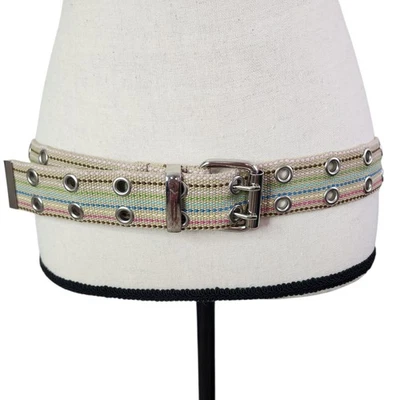 Y2K Grommet Double Eyelet Canvas Belt Double Pin Prong Buckle Tan Striped LARGE - Image 1 of 4