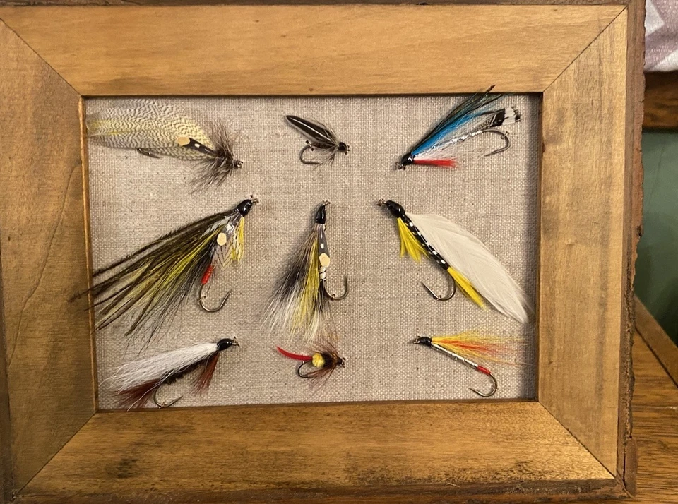 Framed Fly Fishing Flies Art Collectible 5x7 Linen Panel In 7.5x9.5 Rustic Frame - Image 1 of 3