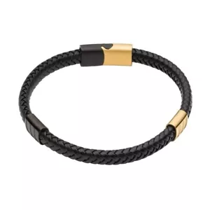 Fred Bennett Bracelet B5409 Leather Bracelet Black IP Yellow Gold Plated Details - Picture 1 of 10