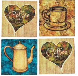 FOUR Coffee Theme Fabric Iron On Applique Blocks See Pictures for size - Picture 1 of 2