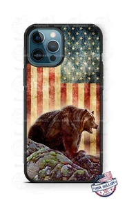 Grizzly Brown Bear Distressed American Flag Phone Case Cover for iPhone Samsung - Picture 1 of 10
