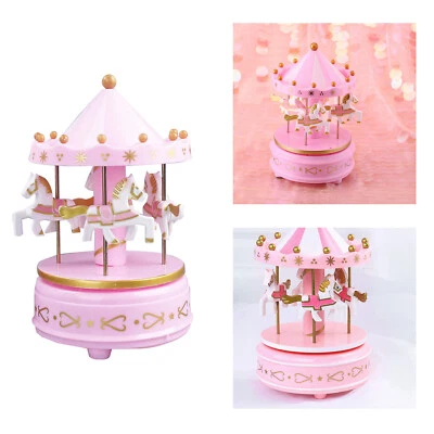 Plastic Carousel 4 Horse Merry-Go-Round Wind-Up Mechanical Music Box Kids Toy UK