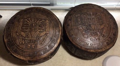 Lote De Colección 2 Cuero Marrón Tooled Peruano 20" Otomano Hassock Mango 1940-50 Foto 1 de 4