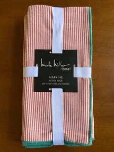 Nicole Miller Rust Striped Napkins Sea Green Border Set Of Four.  20” X 20” New  - Picture 1 of 7