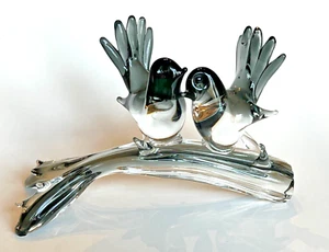 Murano Italy Art Glass 2 Gray Love Birds On a Branch Sculpture Figurine Puccini? - Picture 1 of 7