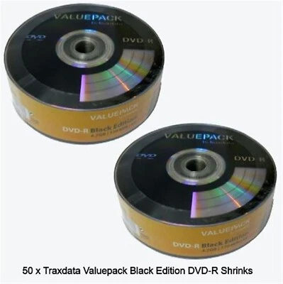 50 x Traxdata ValuePack Black Edition DVD-R Speed 8x Disc 4.7GB Logo Shrink New - Image 1 of 4