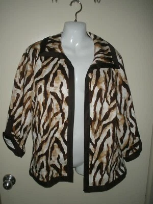 #1106 Chaqueta 2 Chico's L M Marrón Crema Tigre Frente Abierto Manga 3/4 Foto 1 de 4
