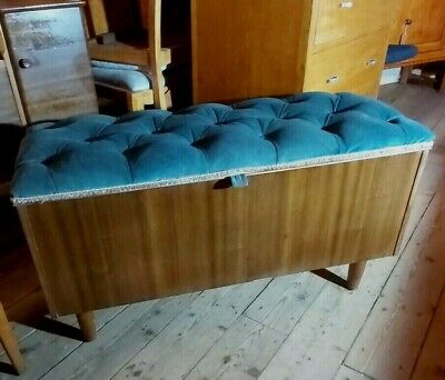 Vintage Retro Teak Ottoman 1960s Cushioned Seat Teal Blue 36 Inch Rare  • 65£