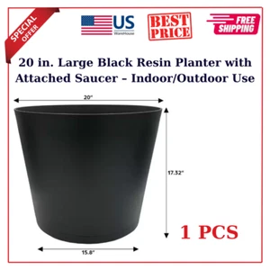 20 in. Large Black Resin Planter with Attached Saucer – Indoor/Outdoor Use - Picture 1 of 5