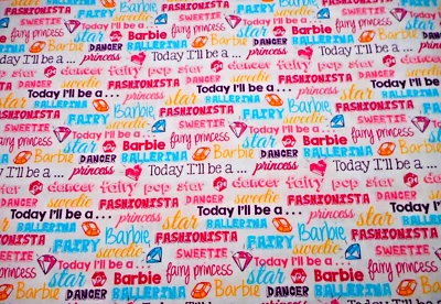 Barbie Fabric 1 Yard Dancer Princess Pop Star Script on White Girls Cotton Vtg - Image 1 of 2