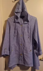 Women’s Jones & Co. Size Large L Hooded Jacket Blue & White Stripe Tunic Pocket - Picture 1 of 13