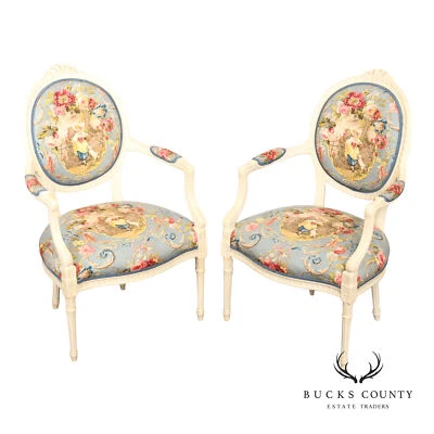 French Louis XVI Style Pair of Painted Fauteuil Armchairs - Image 1 of 4