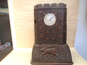 Unusual antique wooden castle mantel clock with carved foliage with stag / deer - Picture 1 of 12