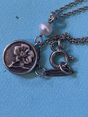 Tiffany & Co Silver Nature Hibiscus ￼Flower Pearl Pendant Necklace 16" - Image 1 of 4