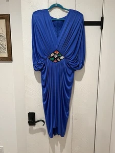 Abito Tadashi vintage anni 80 blu floreale poli spalline abbellimento a pancia - Foto 1 di 11