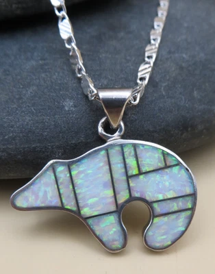 Opal Inlay Sterling Silver 925 Native American Bear Pendant Chain Necklace #1034 - Image 1 of 4