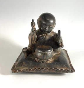 Rare Antique Chinese Bronze Statue Boy Buddha Child w/ Drum Figurine Metal - Picture 1 of 7