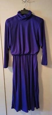 Positive Attitude Dress 80s Purple Midi Stretch Pockets Mock Turtleneck Vintage - Image 1 of 4