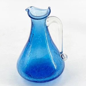 Vintage Hand Blown Blue Crackle Glass Pitcher Ewer Creamer Mid Century Art Glass - Picture 1 of 12