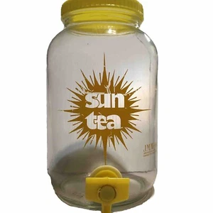Vtg Sun Tea Glass Jar Yellow Sunburst J.M Werling 1 Gallon with Lid & Spout Read - Picture 1 of 11