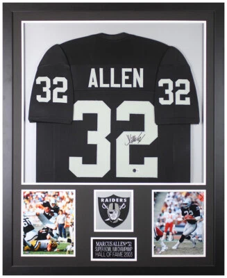 Camiseta deportiva negra autografiada y enmarcada de Marcus Allen de Los Ángeles con certificado automático Beckett Foto 1 de 4