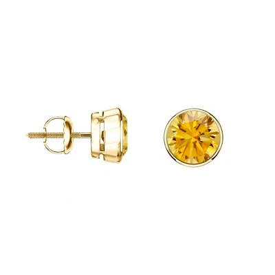 Brincos redondos de ouro amarelo 18K com moldura de ouro amarelo 18K com diamante cultivado 3/4 quilates Canary VS criado em laboratório - Imagem 1 de 3