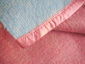 Vintage REVERSABLE AYERS ALL WOOL Blanket Pink or Blue 61 X 78.5 Satin Binding - Picture 1 of 18