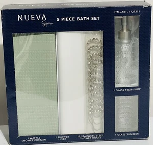 Nueva Spa 5 Piece Bath Set Meriden Sage Green! Curtain Hooks Liner Pump Tumbler! - Picture 1 of 2