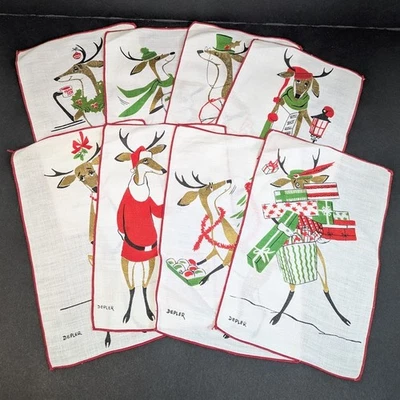 Constance Depler Christmas Reindeer Cocktail Linen Napkins (8) Vtg Mid Century - Image 1 of 4