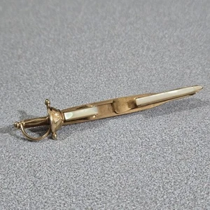 Swank Vintage Brass Sword  Tie Clip Bar Tac Pin Mother Pearl Inlay Handle - Picture 1 of 5