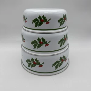 VTG Holiday Enamelware Christmas Bowls Set 3 PC Holly Design Silver Trim Dishes - Picture 1 of 8