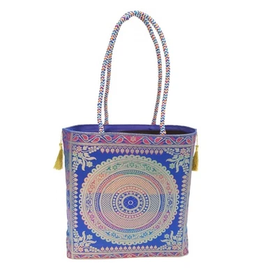 Blue Mandala Handbag Indian Ethnic Woven Zari Brocade Women Shoulder Hand Bag - Image 1 of 4