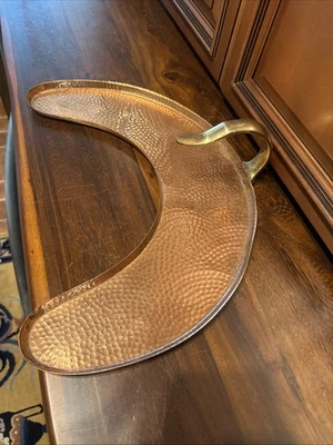 Hammered Copper Maharaja Style Half Moon Shape Tray Brass Handle Thai - Image 1 of 4
