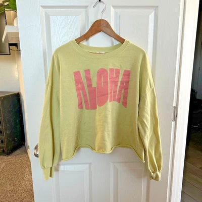 ascot & hart women's xl aloha sweatshirt yellow cropped crewneck pullover top - Image 1 of 4