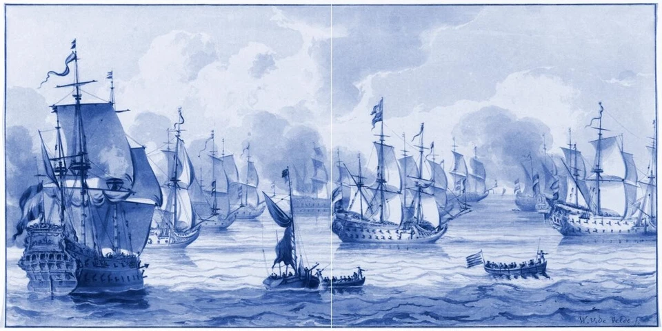 Mural de azulejos de cerámica salpicadero de cocina - paisaje marino de Delft con flota de guerra - arte holandés Foto 1 de 1