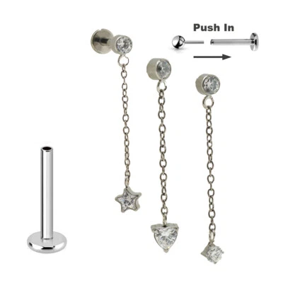 Titan Push in Pin mit Anhänger Kristall Kette Labret Ohr Helix Piercing Silber - Bild 1 von 4