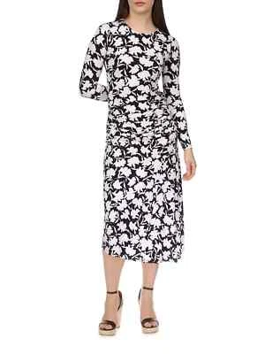 Michael Kors Women's Crew Neck Long Sleeve Floral Print Dress, Black/White, 1X - Image 1 of 4