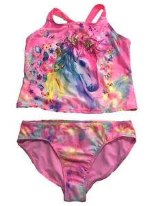 Girls Pink Rainbow Tie Dye Unicorn Butterfly 2pc Tankini Swimming Suit - Picture 1 of 2