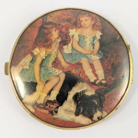 Antique Mirror Compact Brass Victorian Celluloid  2 Girls with Sheepdog Cover