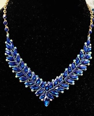 NEW NATASHA ROYAL OVAL BLUE CRYSTALS,GOLD CHAIN LINKS BIB NECKLACE CHOKER - Image 1 of 3