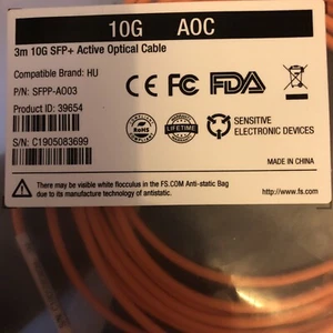 3m (10ft) Cisco SFP-10G-AOC3M Compatible Câble Optique Actif SFP+ 10G - Imagen 1 de 3