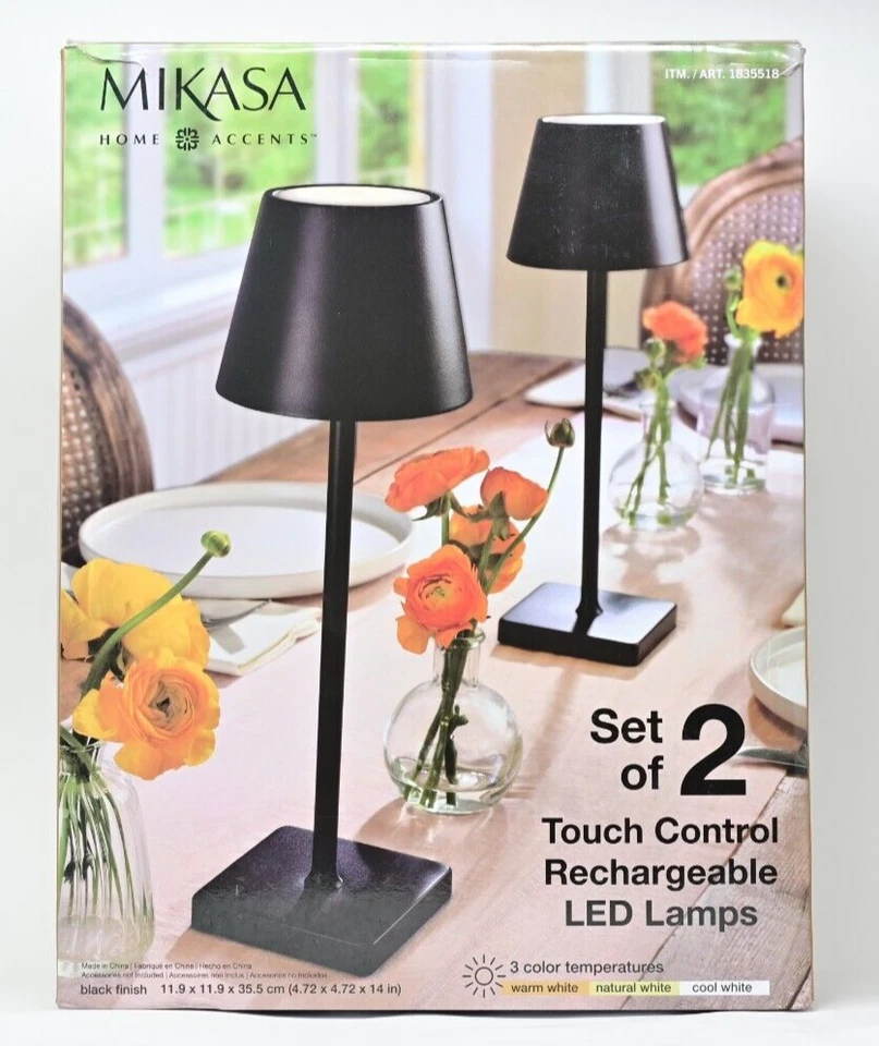 Mikasa Rechargeable 14-inch LED Lamps with Touch Control Set of 2 (Black)