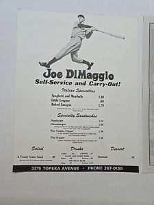 Joe DiMaggio Personal Collection 1970 Restaurant Menu Topeka KS W/ Provenance - Picture 1 of 9