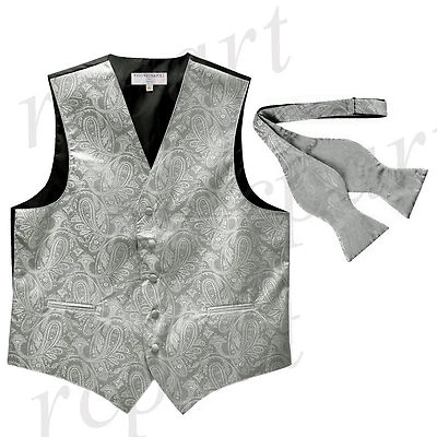 New Men's Vest Tuxedo Waistcoat free style self-tie Bowtie paisley silver party - Image 1 of 3