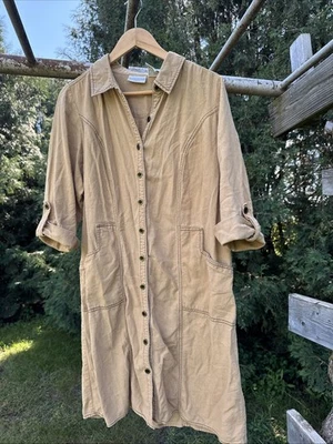 Linen White Stag Khaki Button Down Dress w Pockets Women's Size 16 Knee Length - Image 1 of 4