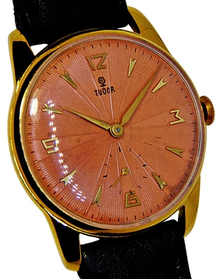 RELOJ de colección Tudor guilloche textura esfera rosa cuerda caja chapada en oro 18k para hombre Foto 1 de 4
